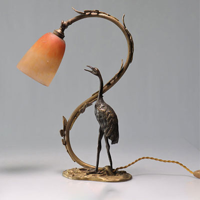 CHARLES SCHNEIDER lampe au héron en bronze et bobèche