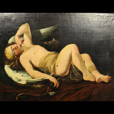 France - Grande huile sur toile Cupidon endormis