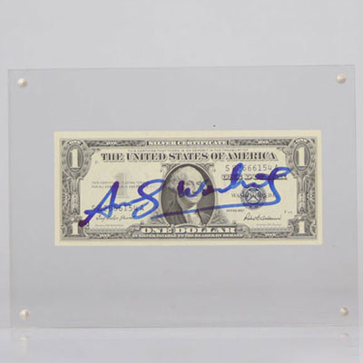 Andy Warhol. 1 dollar bill embellished with the signature of 