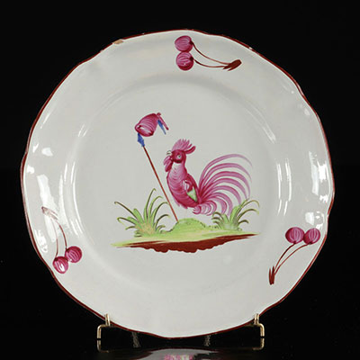 Les Islettes France Plate decorated with a red rooster with a peak topped with a Phrygian cap. 18th -