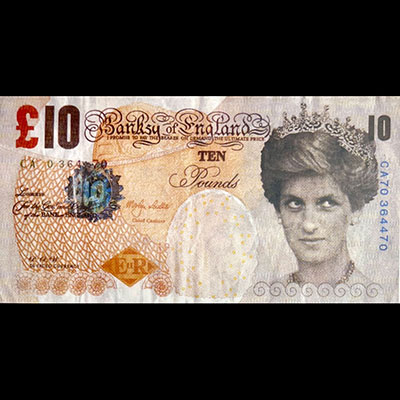 Banksy. Impression en couleurs sur papier reprenant un billet de banque de 10 pounds avec l'effigie de Lady Diana.