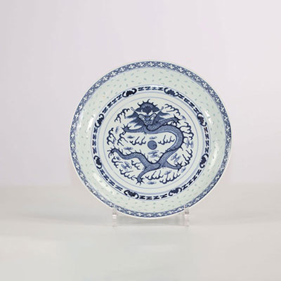 Assiette bleu- blanc en porcelaine au grain de riz , Chine début 20ème.