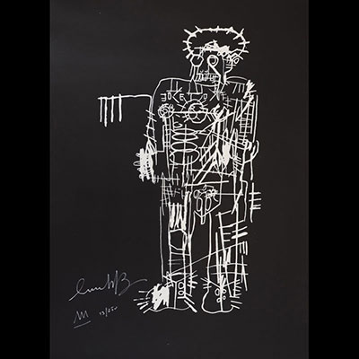 Jean-Michel Basquiat (attr). Monochrome lithograph. “Standing Figure”. 1982. Signed on the front in white marker. On the back a drawing of a crown in white paint. Numbered 13/250.