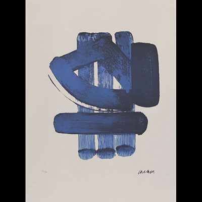 Pierre Soulages. Composition Bleu. Lithographie sur papier signée et numérotée 31/150. Certificat