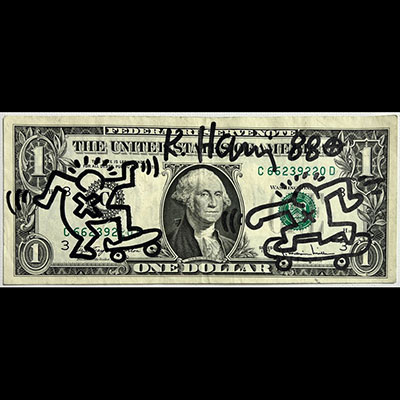 Keith Haring. Felt pen drawing on a dollar bill from The United States Of America. Signed 