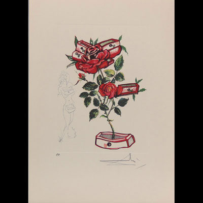 Salvador Dali. 1972. «Rose, femme aux tiroirs». Gravure en couleur sur papier arches. Signé «Dali» en bas à droite au crayon. Annotée EA en bas à gauche au crayon.