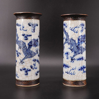 Paire de vases cylindriques-  Nankin - à décor de dragons 
