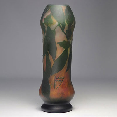 Daum Nancy multi-layered glass vase decorated with khaki on a green and orange mottled background