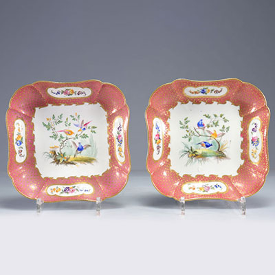 Paire de plats en porcelaine de Sèvres décor d'oiseaux et fleurs marque de 1761