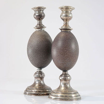 Pair of ostrich egg and solid silver candlesticks XIX