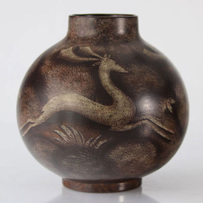 Charles Catteau Keramis rare vase with two-tone decoration of stylized moose