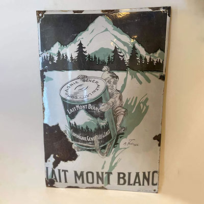 Lait Mont blanc plaque émaillée bombée française 1922