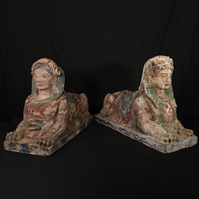 Art Forain Pair of polychrome wooden sphinxes