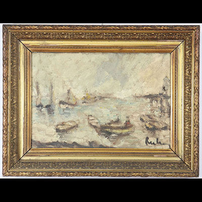 Oil on canvas"boat in port" signature to identify