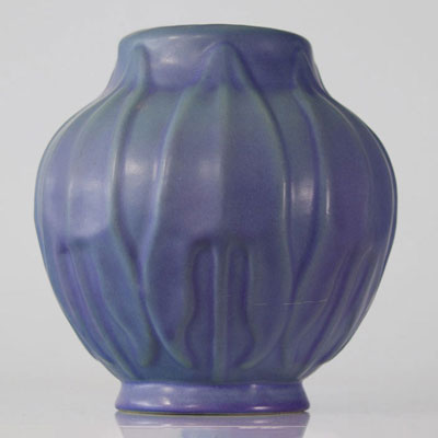 Artus Van Briggle. Circa 1900 Ball vase. Modeled with a frieze of leaves in a turquoise blue glaze. Incised below 