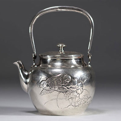 Solid silver teapot with bird design from Japan circa 1900