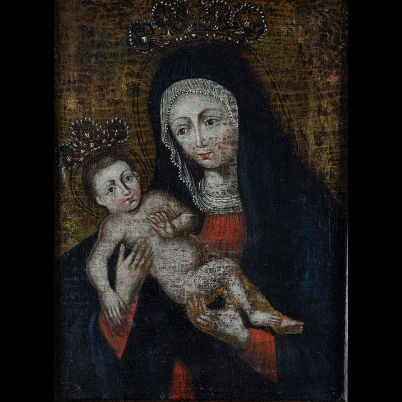 Huile sur toile 17ème Vierge à l'enfant couronnée