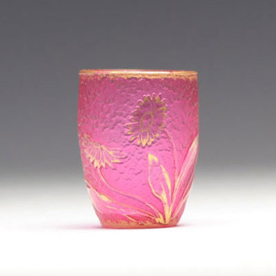 Daum Nancy acid-etched goblet decorated with flowers on a red background