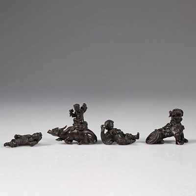 China scholar objects (4) in black patina bronze Qing period