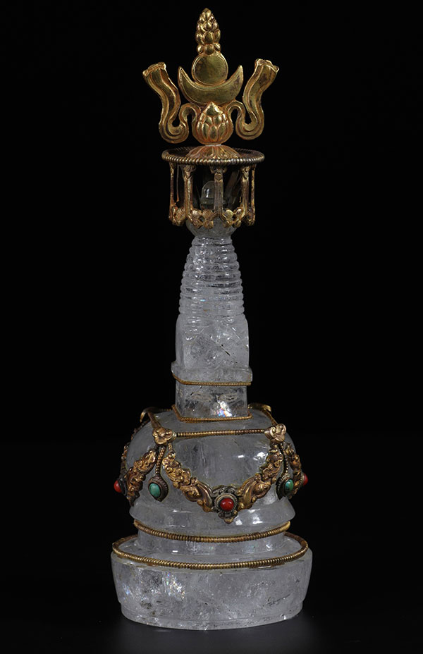 Tibet rare Stupa en cristal de roche bonze doré et incrustation 19ème