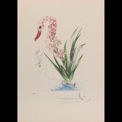 Salvador Dali. 1972. «Water - hybiscus, le pêcheur». Gravure en couleur sur papier arches. Signé «Dali» en bas à droite au crayon. Annotée EA en bas à gauche au crayon.
