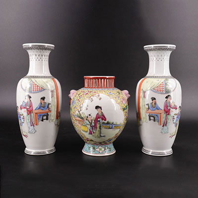 Lot of 2 republic period vases and a porcelain scent burner