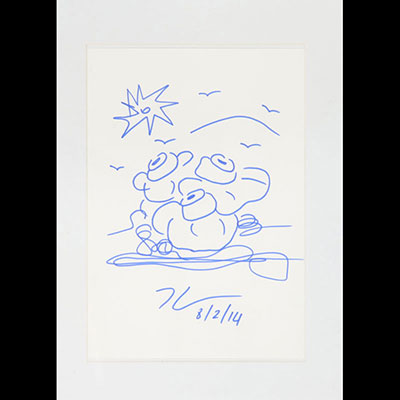 Jeff Koons, Flower drawing Drawing in blue ink Hand signed