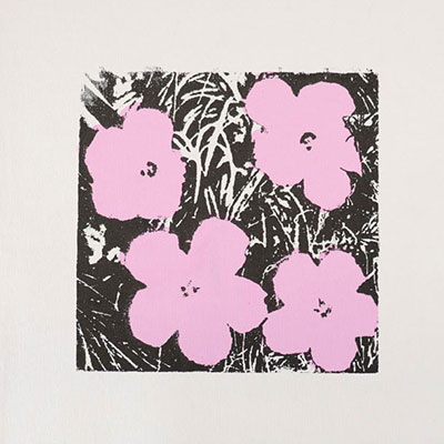 Andy Warhol. Flowers. Black, white and pink print on linen. Bears the “Andy Warhol” signature in felt pen on the back as well as the “Andy Warhol Collection” stamp.