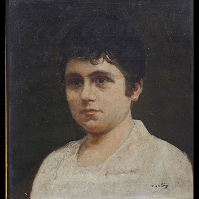 Oil on cardboard circa 1900 portrait of a woman signature to be identified
