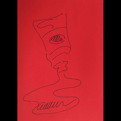 Arman Fernández. “Casting paint tube”. Felt pen drawing on red paper. Signed “Arman”.