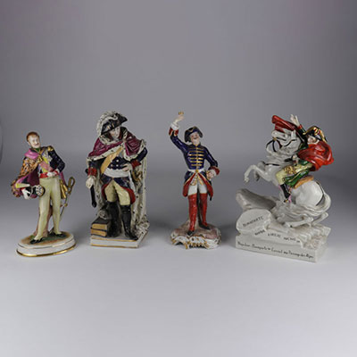 Lot of 4 porcelain figurines, 20th century (royalty, army, Napoleon) GERMANY