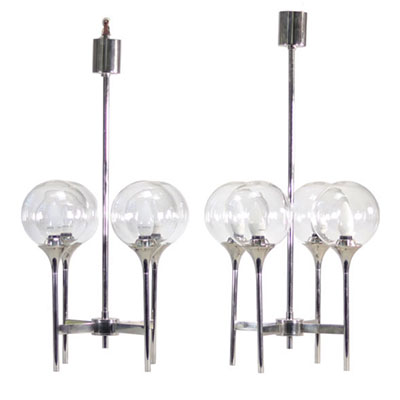 Gaetano SCIOLARI (1927-1994), att. pair of chromed metal and glass chandeliers circa 1970