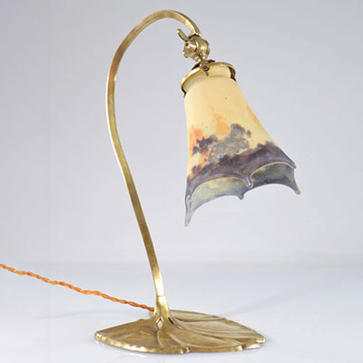 Lampe pied bronze nénuphar d'époque, tulipe MULLER pincée et étirée à chaud