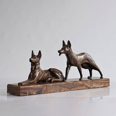 Michel Decoux. Two German Shepherds, c1920 Bronze, brown patina. Onyx base.