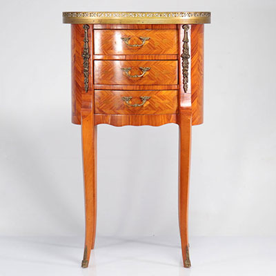 Small marquetry bedside table with three Louis XV style drawers