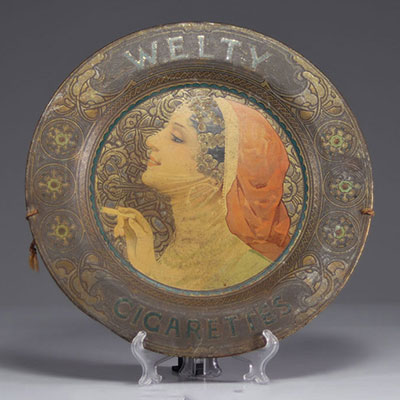 Advertising tray for Welty Cigarettes around 1900.