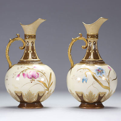 Pair of Art Nouveau porcelain coffee pots with flower design signed J-P pour Jacob petit