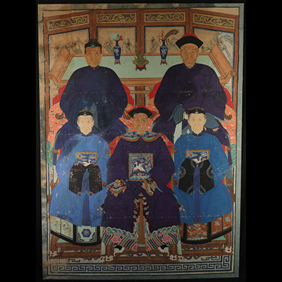 Important painting in ink and polychromy on silk, 18th century dignitaries 138x190cm