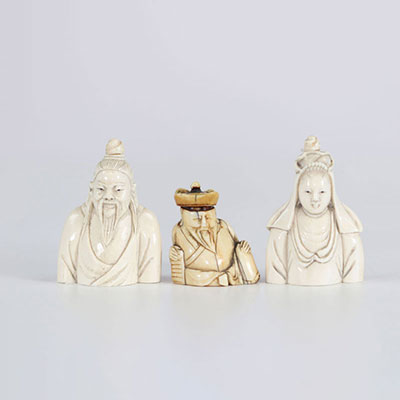 Chine lot de 3 tabatières sculptées de bustes de personnages 19ème