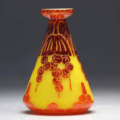 Le Verre Français large acid-etched vase decorated with flowers on a yellow background