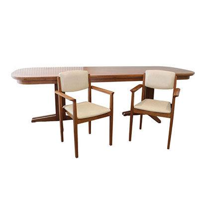 Large design table and chairs (6) in light wood.