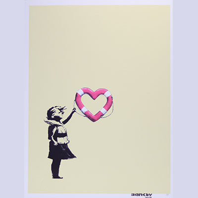 Banksy (d'aprés) X Post Modern Vandale Sérigraphie polychrome d'aprés Banksy - Fille avec flotteur en forme de coeur
