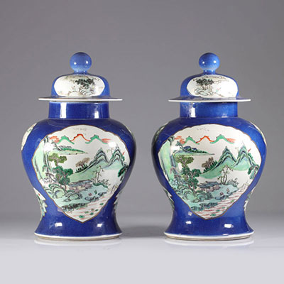 China pair of blue powdered vases decorated with landscapes 