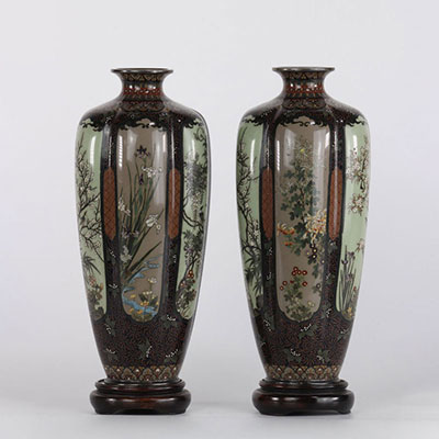 Pair of Japanese cloisonné vases circa 1900, fine decoration of birds and flowers