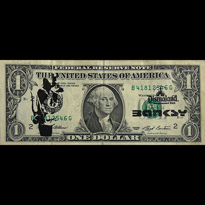 Banksy. “Rat Paparazzi”. 2015. Ink stencil on a real one dollar banknote from “The United States Of America”.