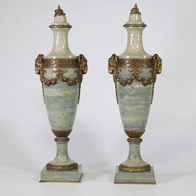 Grande paire de cassolettes en marbre vert et bronze 19ème
