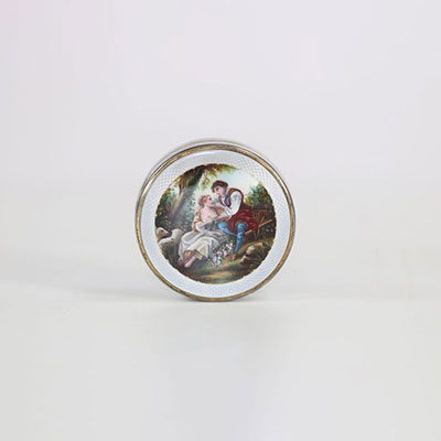 silver box with a romantic enamelled and guilloche unmarked scene. Probably Vienna Austria around 1900.