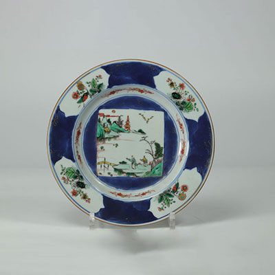 China family green powdered blue plate with landscape decor - Kangxi period