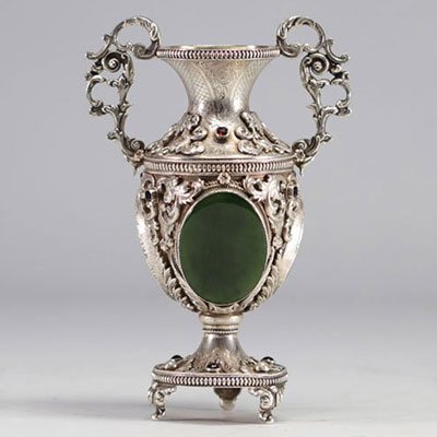 Philippe WOLFERS (Brussels 1858 - 1929) vase in solid silver, jades and rocaille stones and pearls