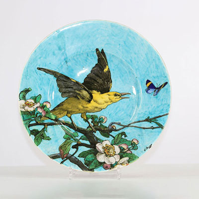 THEODOR DECK (1823-1891) dish decorated with an oriole and butterfly
